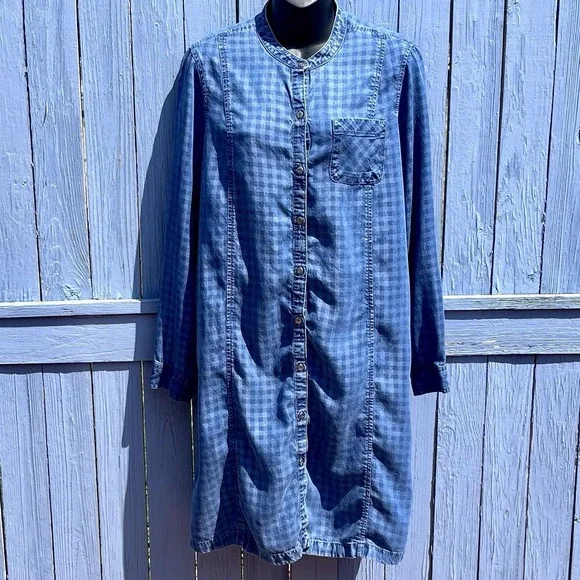 J Jill Blue Denim Check Dress Womens M Plaid Long Sleeve Button Up Distress Boho - Picture 1 of 13